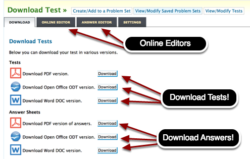 You can download your test and answers or go to one of the editors.