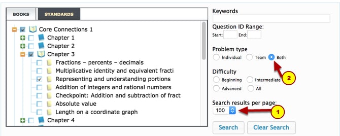 5. Choose search results per page and problem type.