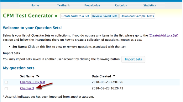 Create a Test from a saved problem set.