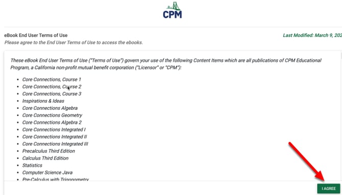 After logging on the first time, click the cover.  Then scroll down and agree to the terms.  Your book will appear.