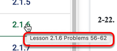 Hover over any of the lesson tabs to find problem numbers.
