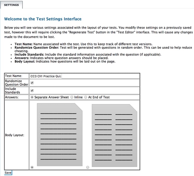 Creating a new test version goes into &quot;Settings.&quot;