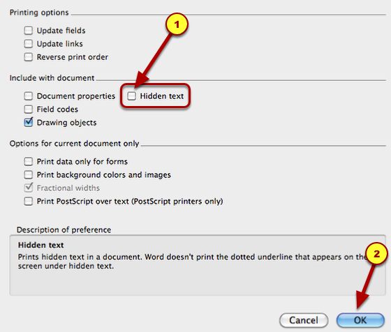 Click &quot;hidden text&quot;.  Then click &quot;OK&quot;.